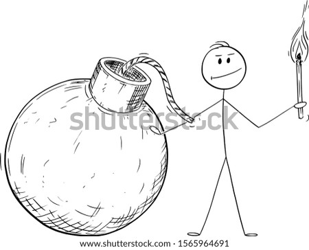 Vector cartoon stick figure drawing conceptual illustration of man or businessman posing with big bomb and fire torch.