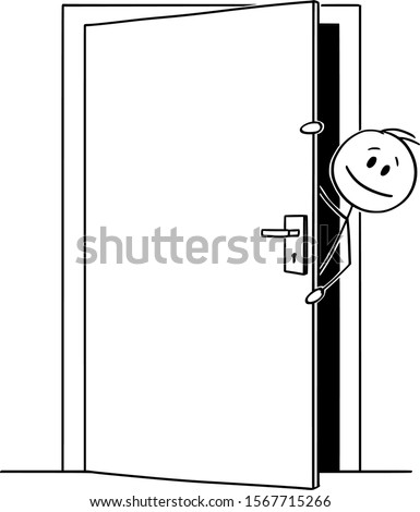 Vector cartoon stick figure drawing conceptual illustration of man or businessman peeping out or looking out the slightly open door.