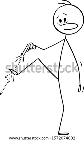 Vector cartoon stick figure drawing conceptual illustration of man or businessman with hand gun shooting yourself in the foot.