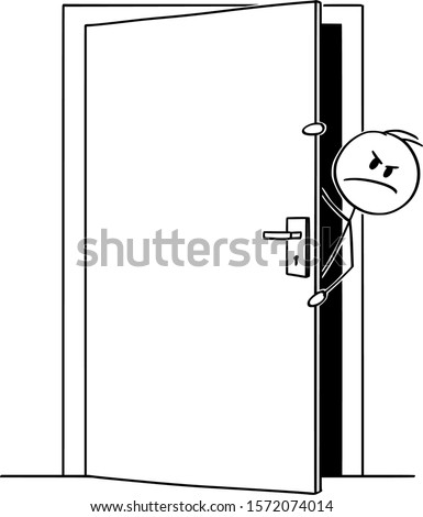 Vector cartoon stick figure drawing conceptual illustration of angry man or businessman peeping out or looking out the slightly open door.