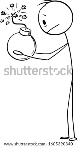 Vector cartoon stick figure drawing conceptual illustration of scared, surprised and frustrated man holding activated bomb. Concept of unexpected surprise.