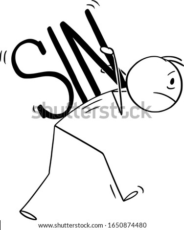 Vector cartoon stick figure drawing conceptual illustration of man or sinner carrying his heavy sin on back.