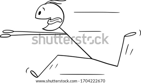 Vector cartoon stick figure drawing conceptual illustration of eager or keen man running fast for something with tongue stick out and flying.