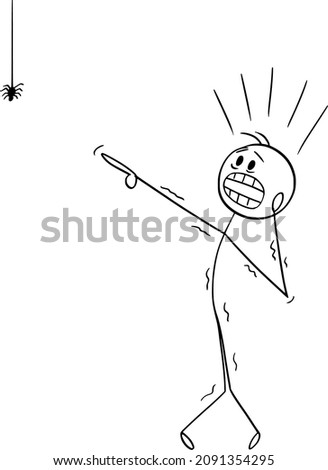 Vector cartoon stick figure drawing conceptual illustration of frightened man with arachnophobia watching small spider and undergoes panic attack.