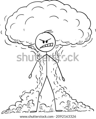 Vector cartoon stick figure drawing conceptual illustration of furious, angry raging man expressing his emotion with atomic or nuclear explosion on background.