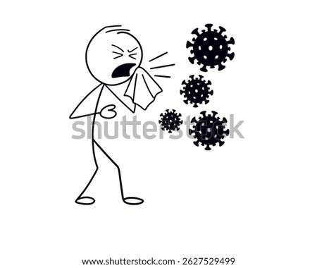 Vector cartoon stick figure drawing conceptual illustration of sick infected man coughing or sneezing and spreading infection of coronavirus covid-19 or flu