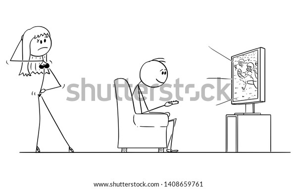 Vector Cartoon Stick Figure Drawing Of Man Sitting In Armchair And Watching American Football On