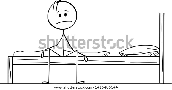 Vector cartoon stick figure drawing conceptual illustration of sad or depressed man siting alone on bed in bedroom and thinking.