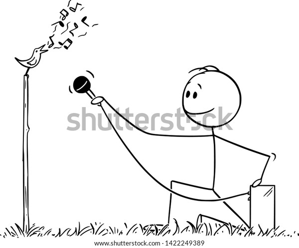 Vector cartoon stick figure drawing\
conceptual illustration of man or ornithologist recording birdsong\
or bird singing with microphone. Sound of wild\
nature.