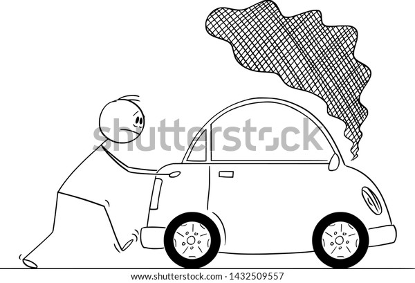 Vector\
cartoon stick figure drawing conceptual illustration of man pushing\
broken car with smoke coming from the\
engine.