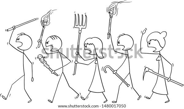 Vector cartoon\
stick figure drawing conceptual illustration of angry mob\
characters walking with torch and tools like pitchfork as weapons.\
Empty speech bubble ready for your\
text.