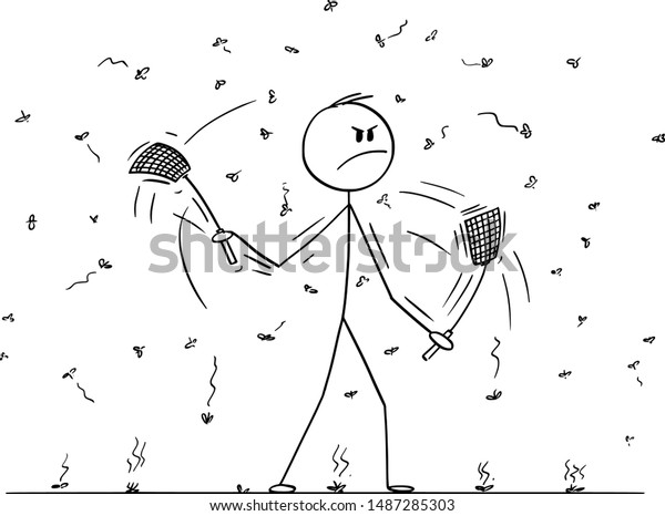 Vector cartoon stick figure drawing conceptual\
illustration of man or businessman with swatters, flappers or\
fly-flaps in hands killing flies, mosquitoes or insect flying\
around or debugging\
software.