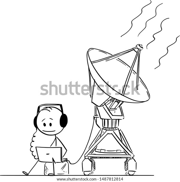 Vector\
cartoon stick figure drawing conceptual illustration of man or\
scientist watching and hearing alien space signal from antenna.\
Searching for extraterrestrial\
intelligence.