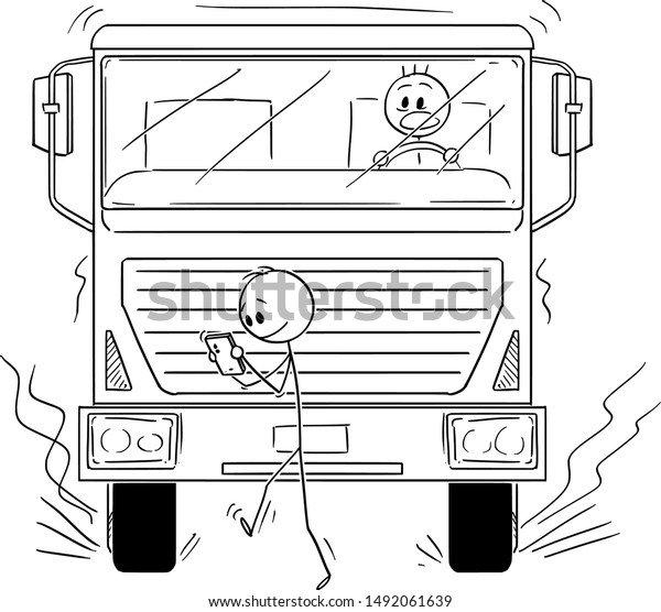 Vector cartoon stick figure drawing\
conceptual illustration of man or pedestrian using mobile phone on\
the street and ignoring approaching\
truck.
