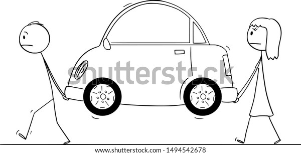 Vector cartoon stick figure drawing conceptual\
illustration of man and woman carrying broken car or car out of\
fuel or electric power.