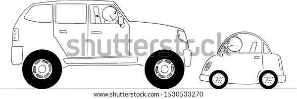 Vector cartoon stick figure drawing\
conceptual illustration of comparison of big and small car or\
expensive and cheap vehicles or rich and poor\
drivers.