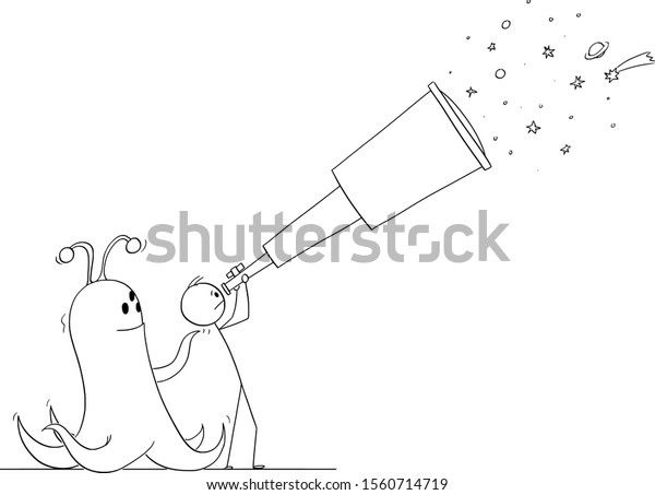 Vector cartoon stick figure drawing conceptual\
illustration of man or astronomer with telescope, watching space\
and looking for extraterrestrial life while alien is standing\
behind him.