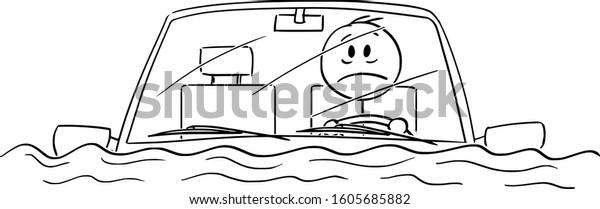 Vector cartoon\
stick figure drawing conceptual illustration of man or driver\
driving car in water flood, or sitting stunned in car after traffic\
accident fallen in river or\
lake.
