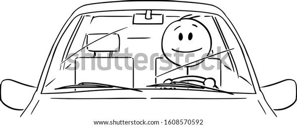 Vector cartoon stick figure drawing conceptual\
illustration of tired, unhappy,sad or stressed man or driver\
driving a car. Front\
view.