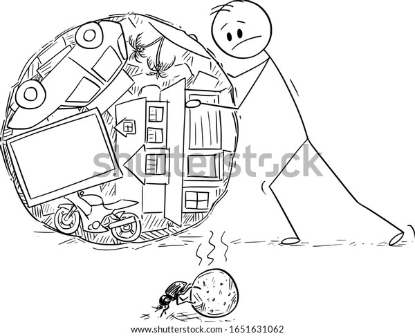 Vector cartoon stick figure drawing conceptual\
illustration of superficial man or businessman rolling ball of his\
wealth or property, and watching dung beetle doing the same with\
excrement.