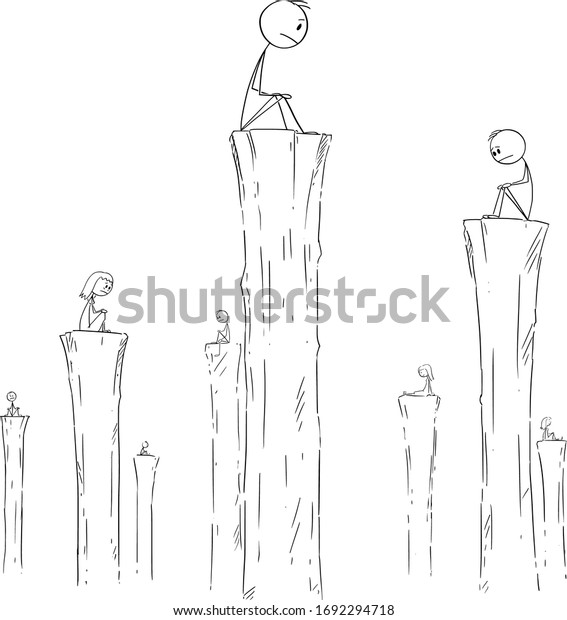 Vector cartoon stick figure drawing\
conceptual illustration of people sitting alone on high columns.\
Concept of loneliness, solitude or\
solitariness.