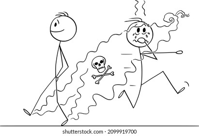 Vector cartoon stick figure funny illustration of man with smelly feet walking on street.