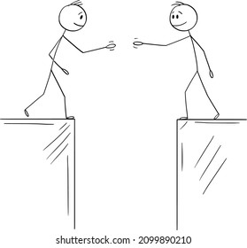 Vector cartoon stick figure illustration of two men or businessmen or Politicians going to shake hands when divided by chasm or gulf. Concept of agreement, deal or cooperation.