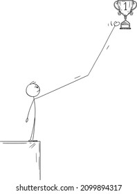 Vector Cartoon Stick Figure Illustration Of Man Or Businessman Overcoming Obstacle On Way To Success Or Victory Cup And Taking Award,prize, Trophy Or Reward.