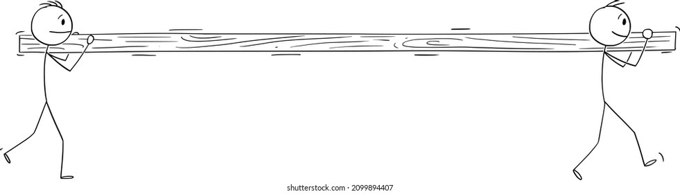 Vector cartoon stick figure illustration of two men holding and carrying on his back long beam or log.