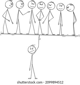 Dibujo vectorial de palo de dibujos animados ilustra el hombre, el gerente o el líder equilibrando fácilmente su equipo con el dedo. Concepto de liderazgo, trabajo en equipo y gestión.
