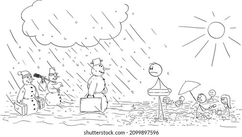 Vector Cartoon Stick Figure Illustration Of People Enjoying Summer Fun And Looking Frustrated At Snowmen Coming With Winter And Snow. End Of Holiday, Vacation Or Season.