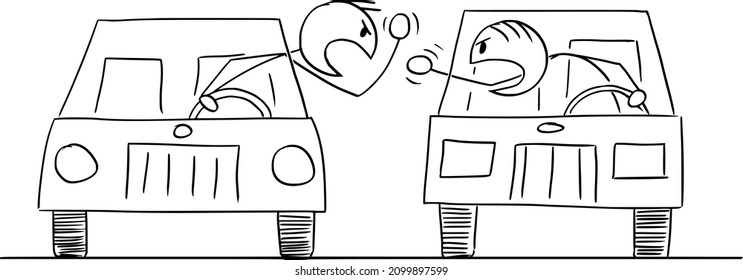 Vector cartoon stick figure illustration of two aggressive angry car drivers arguing or fighting.