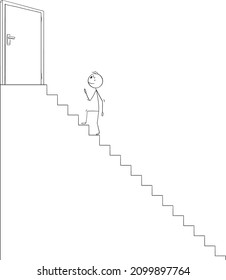 Vector cartoon stick figure illustration of man or businessman climbing up stairs to reach and open door on top leading to success or fall.