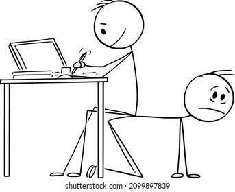 Vector cartoon stick figure illustration of man or businessman working in office and sitting on back of employee or coworker. Concept of bullying, inferiority, social level or subordination.