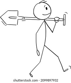 Vector cartoon stick figure illustration of man, gardener or worker walking with spade or shovel, going to work on garden, plant or dig hole.