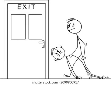 Vector cartoon stick figure illustration of bouncer or big rough man carrying drunk men to exit door to throw him out of building, bar or club.