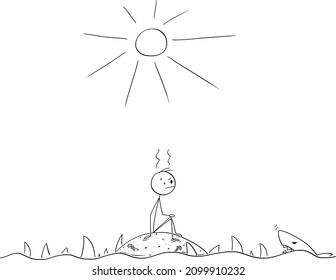 Vector cartoon stick figure illustration of frustrated man sitting alone on small empty deserted island surrounded by sharks.