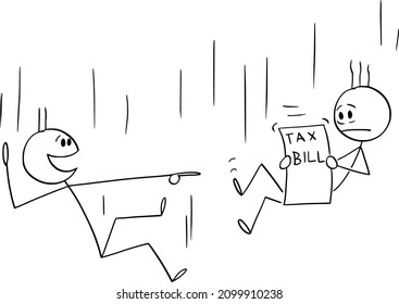 Vector cartoon stick figure illustration of two men or businessmen falling down, one is frustrated by tax bill, second is laughing him.