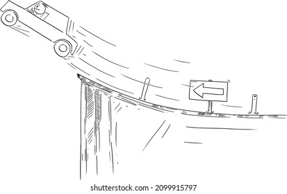 Vector cartoon stick figure illustration of driver in car flying out on unexpected end of the road. Concept of problem, risk, investment or sudden crisis.