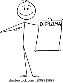 Vector cartoon stick figure illustration of smiling positive man or businessman holding and showing his diploma or university degree.