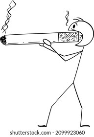 Vector cartoon stick figure illustration of man or smoker holding and smoking huge or big cigarette. Concept of health and lifestyle.