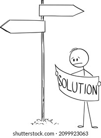 Vector cartoon stick figure illustration of frustrated man or businessman on crossroad looking for problem solution in map.
