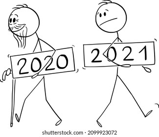 Vector cartoon stick figure illustration of old man year 2020 is leaving, new year 2021 is incoming. Both wearing coronavirus covid-19 protective face mask. Epidemic or pandemic concept.