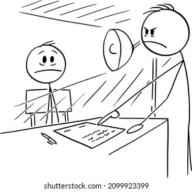 Vector cartoon stick figure illustration of man sitting in interrogating room forced to sign contact or confession.