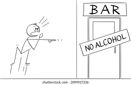 Vector cartoon stick figure illustration of shocked man who just found that his pub or bar is out of alcohol. Concept of alcohol addiction.