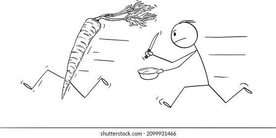 Vector cartoon stick figure illustration of cook or man with bowl and kitchen knife chasing carrot. Concept of vegetable eating and healthy lifestyle.