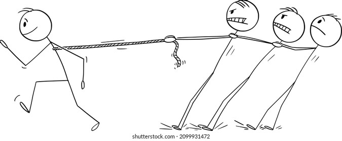 Vector cartoon stick figure illustration of strong individual businessman or man dragging competitors, team or colleagues. Concept of individuality.