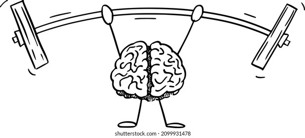 Vector cartoon stick figure illustration of strong human brain character lifts or training with heavy weights or dumbbell.