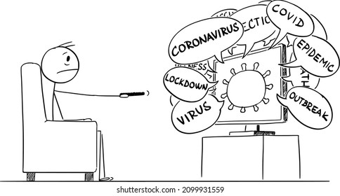 Vector cartoon stick figure illustration of stressed or frustrated man watching latest news about coronavirus covid-19 epidemic in television or TV.