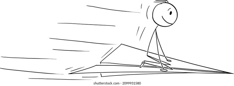 Vector cartoon stick figure illustration of man or businessman flying on paper airplane. Concept of success and inspiration.